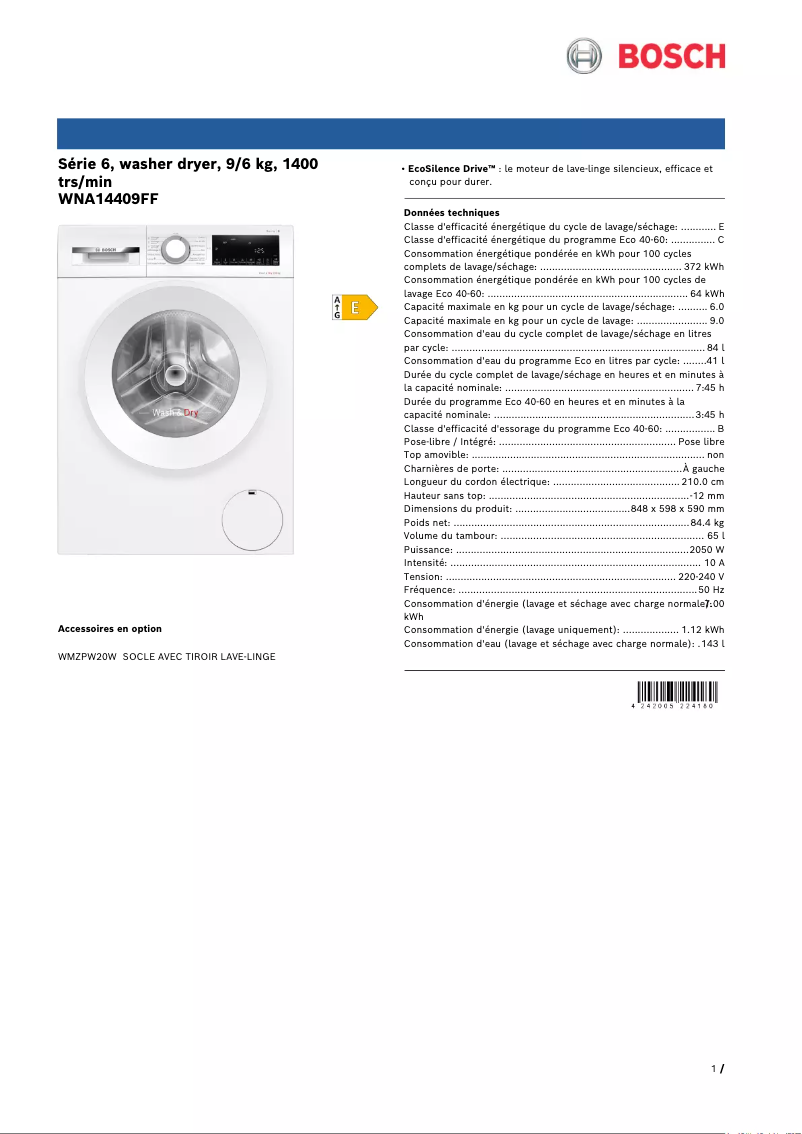 Page n°1 - Fiche technique Bosch WNA14409FF
