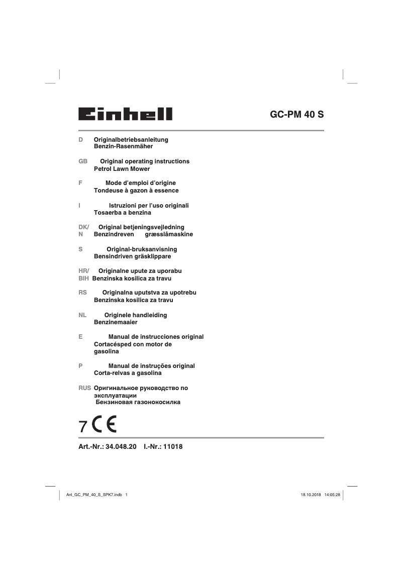 Page n°1 - Manuel utilisateur Einhell GC-PM 40 S-P