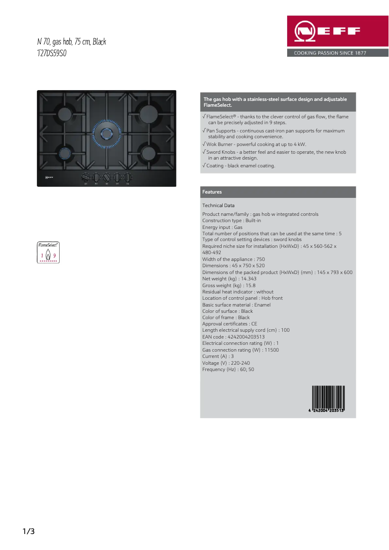 Page 1 de la notice Fiche technique Neff T27DS59S0