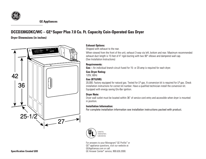 Page n°1 - Fiche technique GE DCCD330GDKC