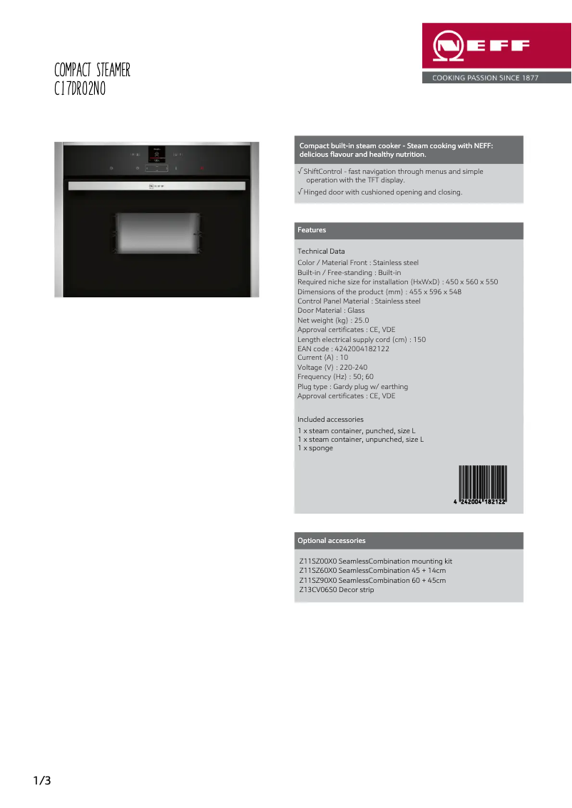 Page 1 de la notice Fiche technique Neff C17DR02N0