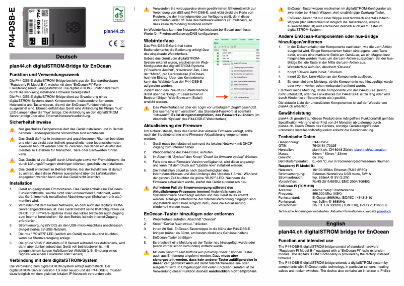 Page n°1 - Manuel utilisateur digitalSTROM PS44-DSB-E