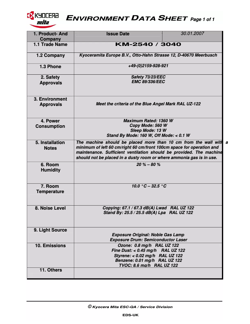Page 1 de la notice Fiche technique Kyocera KM-3040