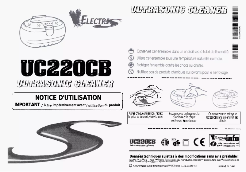 Page 1 de la notice Manuel utilisateur Electris UC220CB