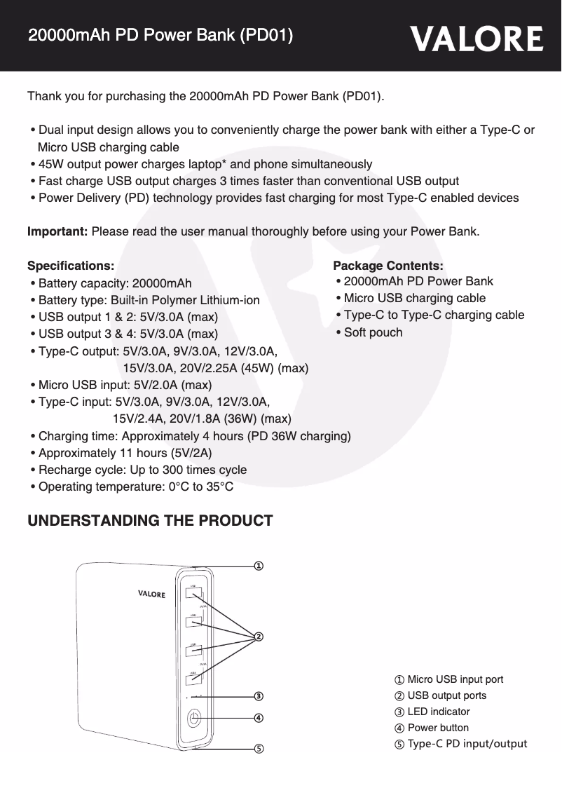 Page 1 de la notice Manuel utilisateur Valore PD01