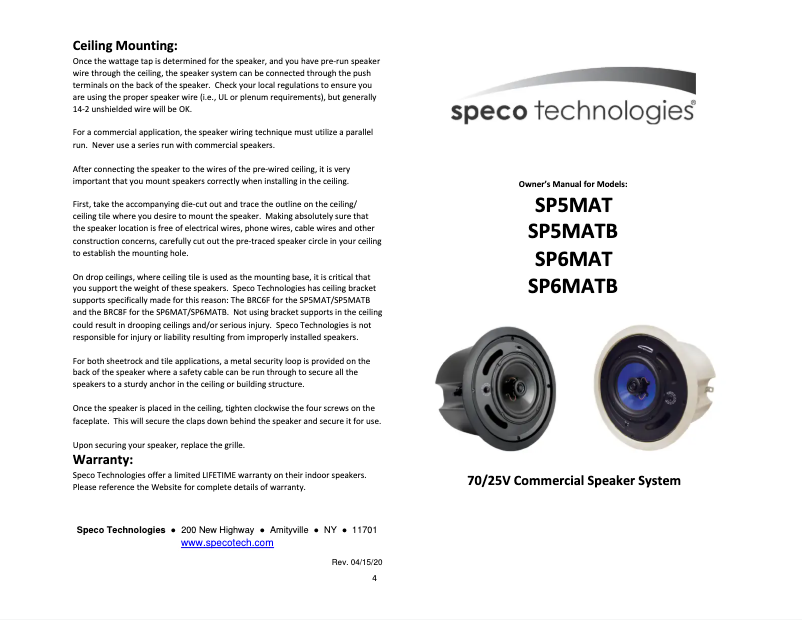 Page n°1 - Manuel utilisateur Speco Technologies SP6MAT