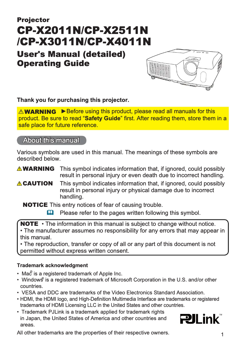 Page 1 de la notice Manuel utilisateur Hitachi CP-X2511NEF
