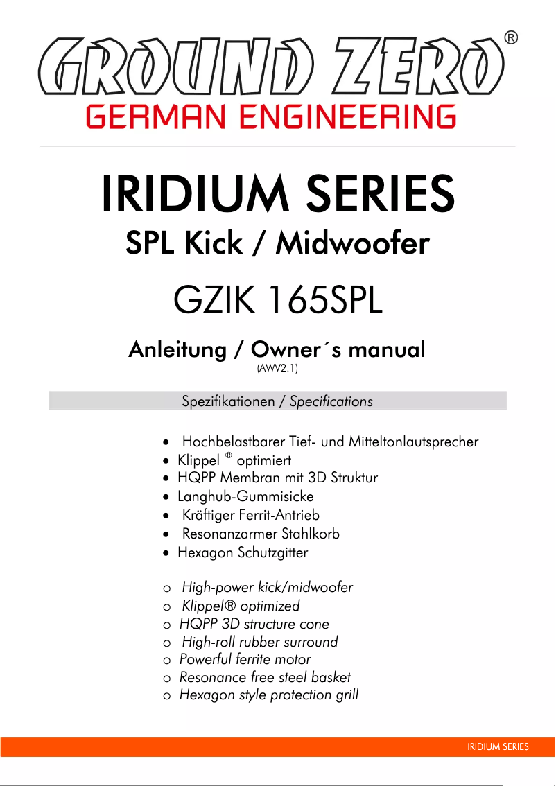 Page 1 of the manual User Manual Ground Zero GZIK 165SPL