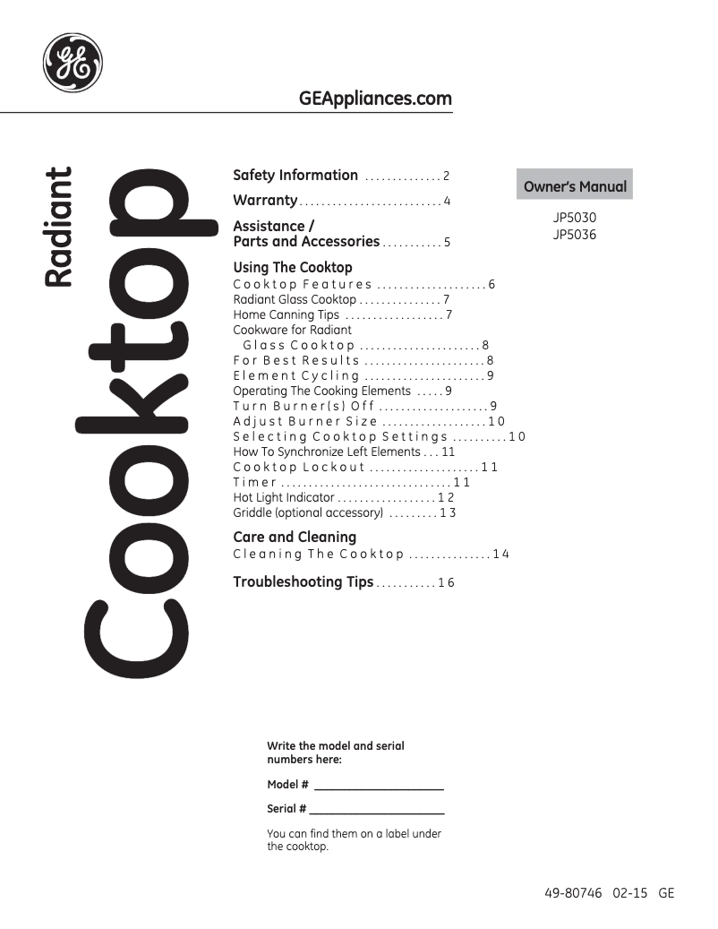 Página 1 del manual Manual de usuario GE JP5036DJBB