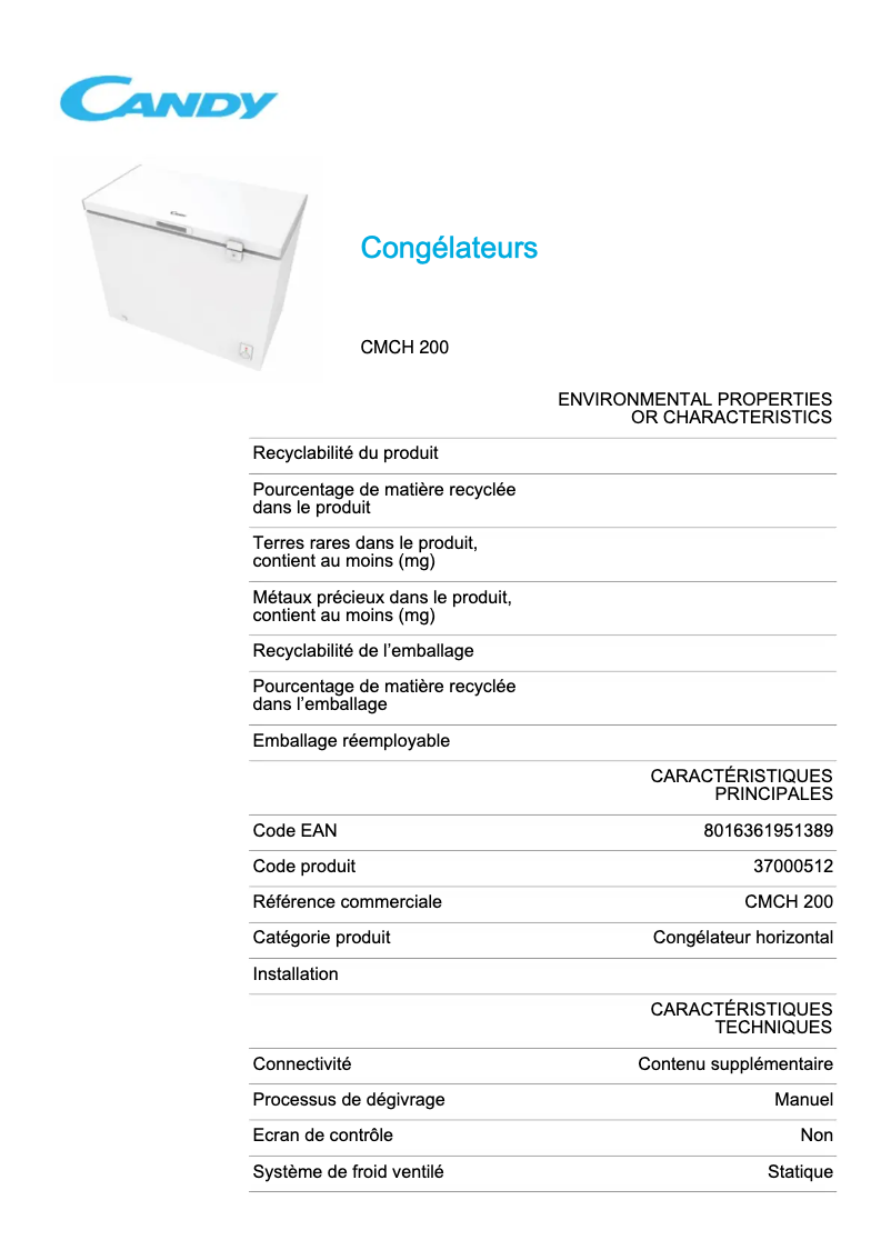 Page 1 de la notice Fiche technique Candy CMCH 200
