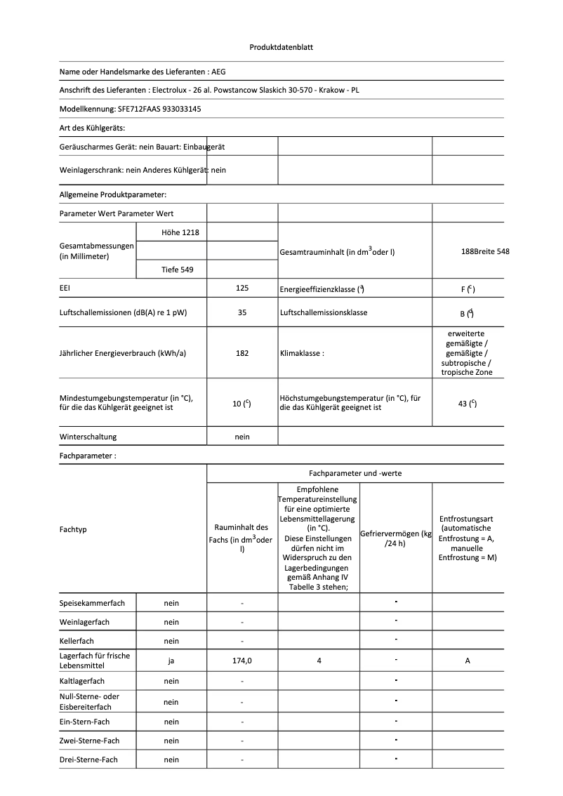 Page 1 de la notice Fiche technique AEG SFE712FAAS