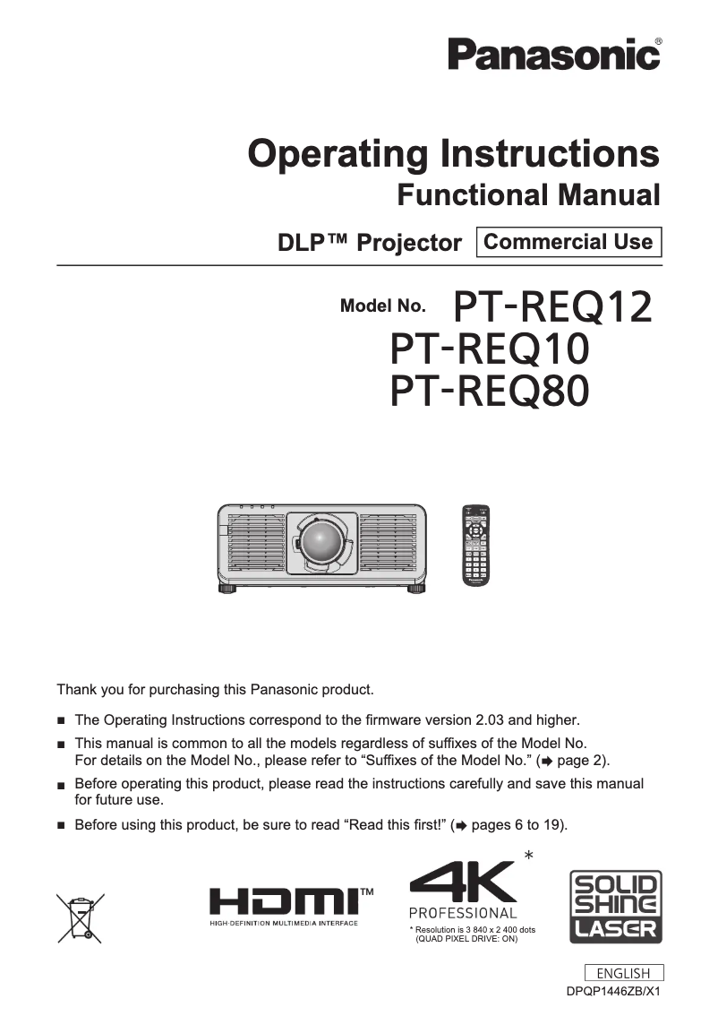 Image de la première page du manuel de l'appareil PT-REQ80