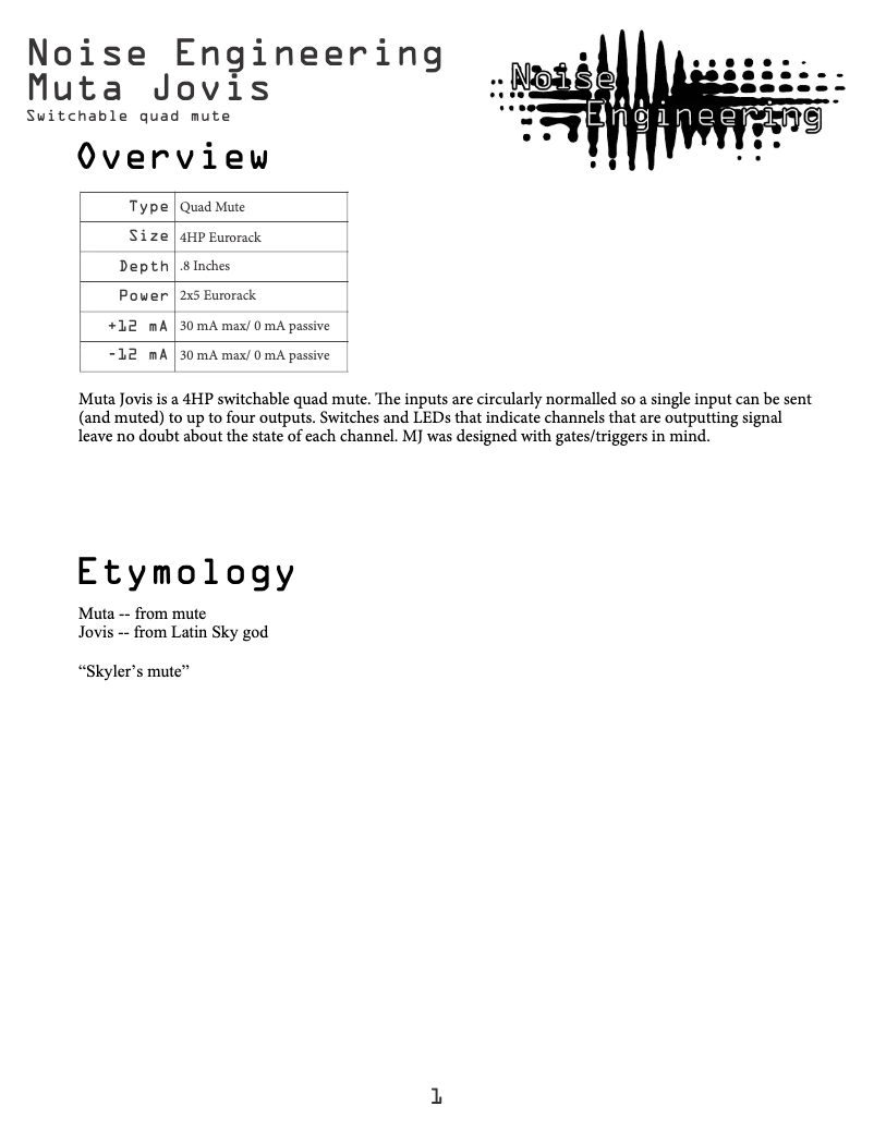 Page 1 de la notice Manuel utilisateur Noise Engineering Muta Jovis