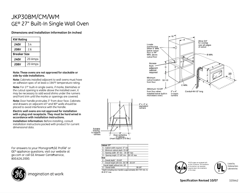 Page 1 de la notice Fiche technique GE JKP30CMCC
