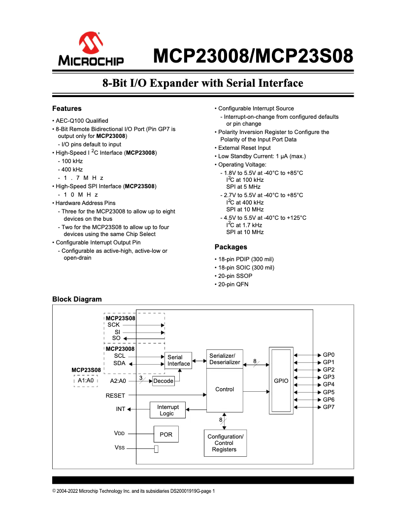 Page 1 de la notice Manuel utilisateur Microchip MCP23008