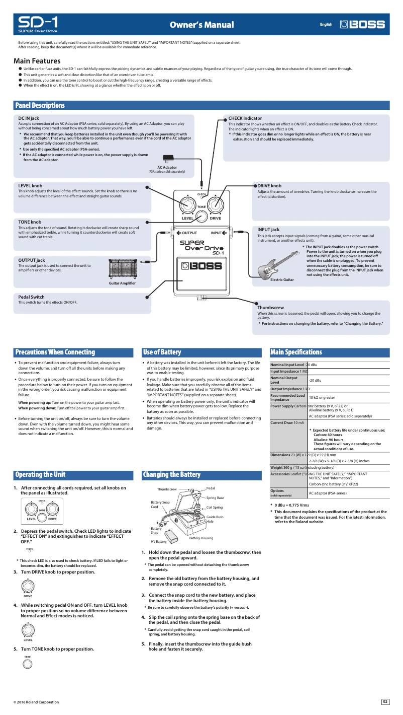 Image de la première page du manuel de l'appareil Super Over Drive SD-1