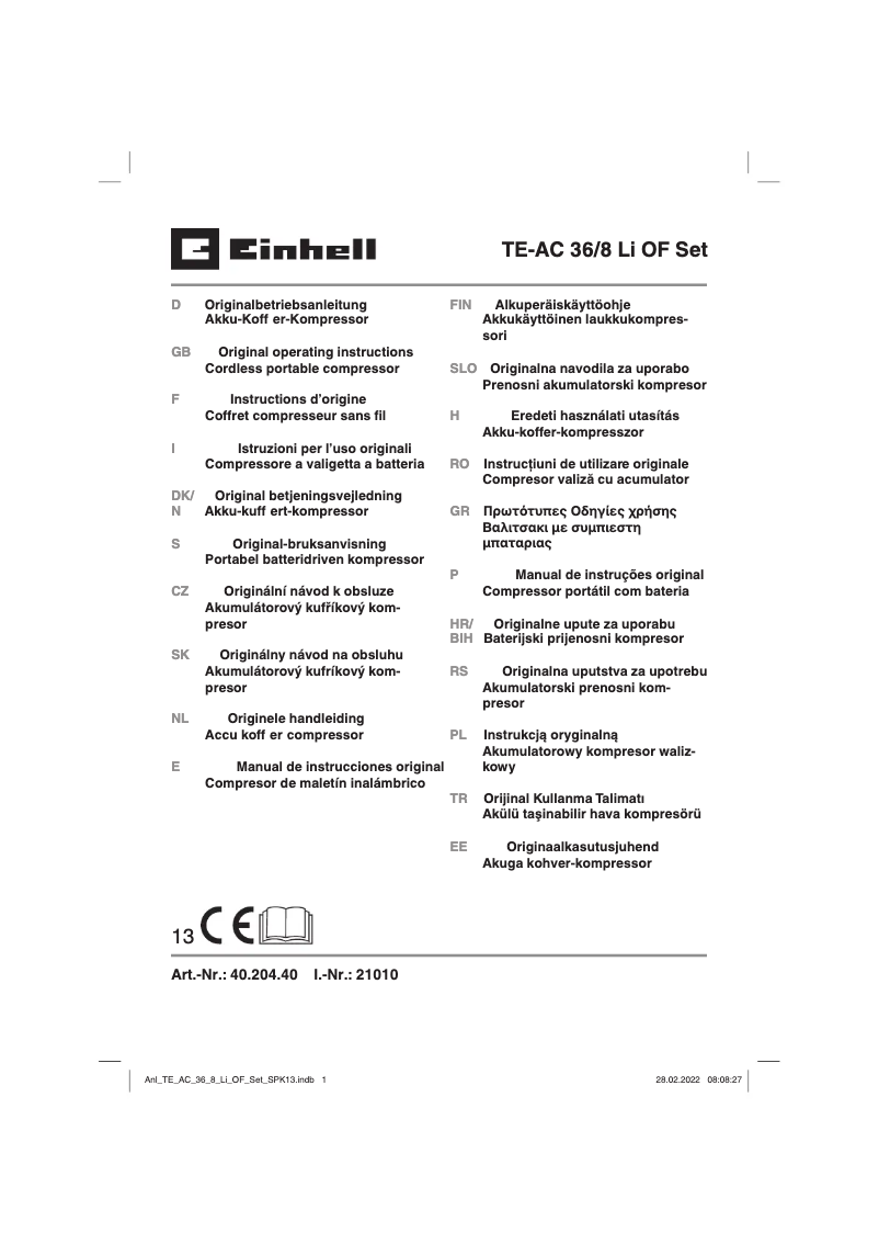 Page 1 de la notice Manuel utilisateur Einhell TE-AC 36/8 Li OF Set