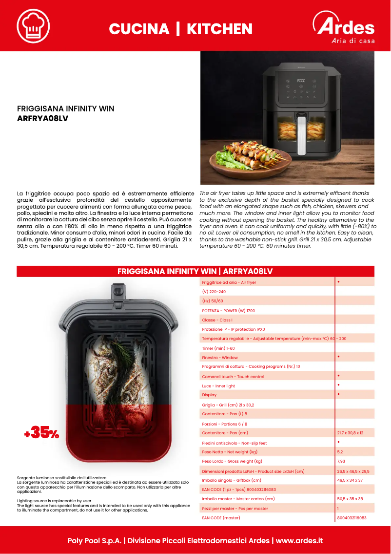 Página 1 del manual Ficha técnica Ardes ARFRYA08LV