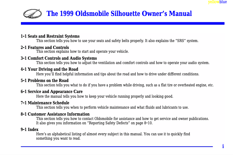 Page n°1 - Manuel utilisateur Oldsmobile Silhouette (1999)