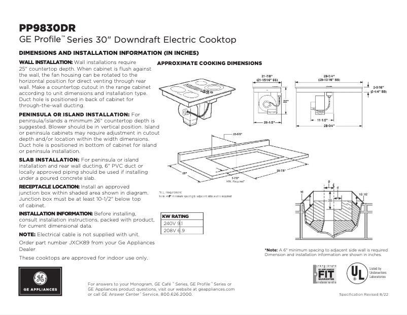 Page n°1 - Fiche technique GE Profile PP9830DRBB