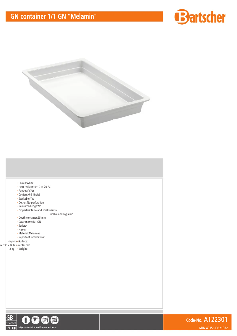 Page 1 de la notice Fiche technique Bartscher A122301