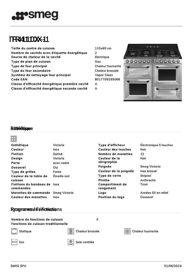 Page 1 de la notice Fiche technique Smeg TR4110X-1