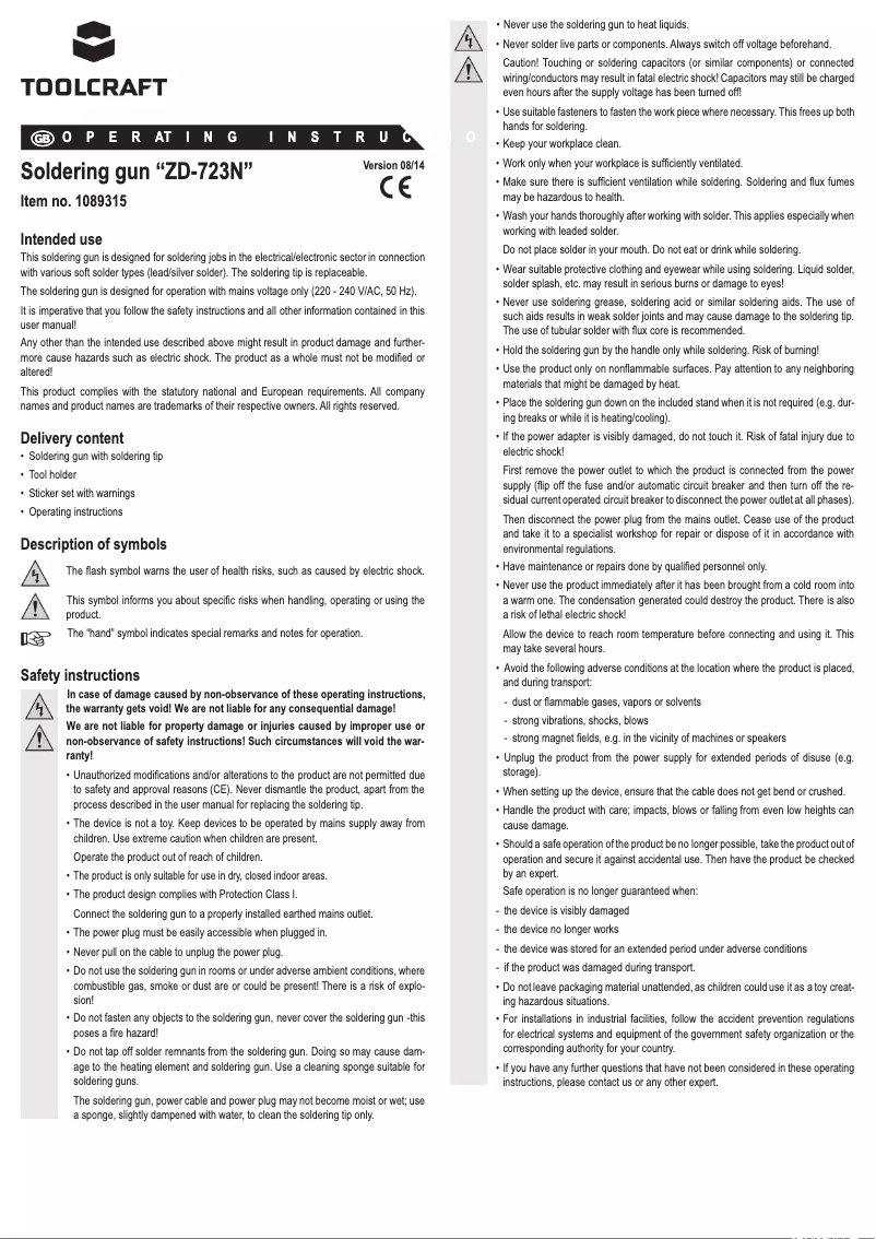 Page n°1 - Manuel utilisateur Toolcraft ZD-723N