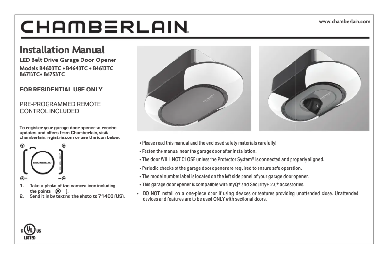 Page n°1 - Manuel utilisateur Chamberlain B4613TC