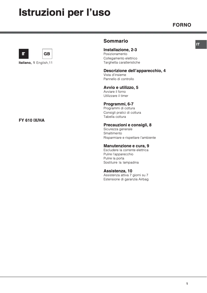 Page 1 of the manual User Manual Hotpoint Ariston FY 610 IX/HA