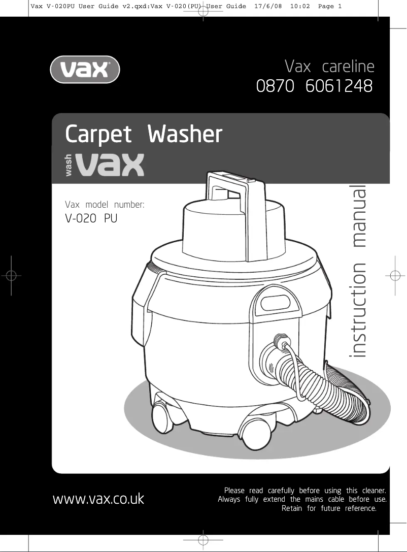 Page n°1 - Manuel utilisateur Vax Wash V-020ALO