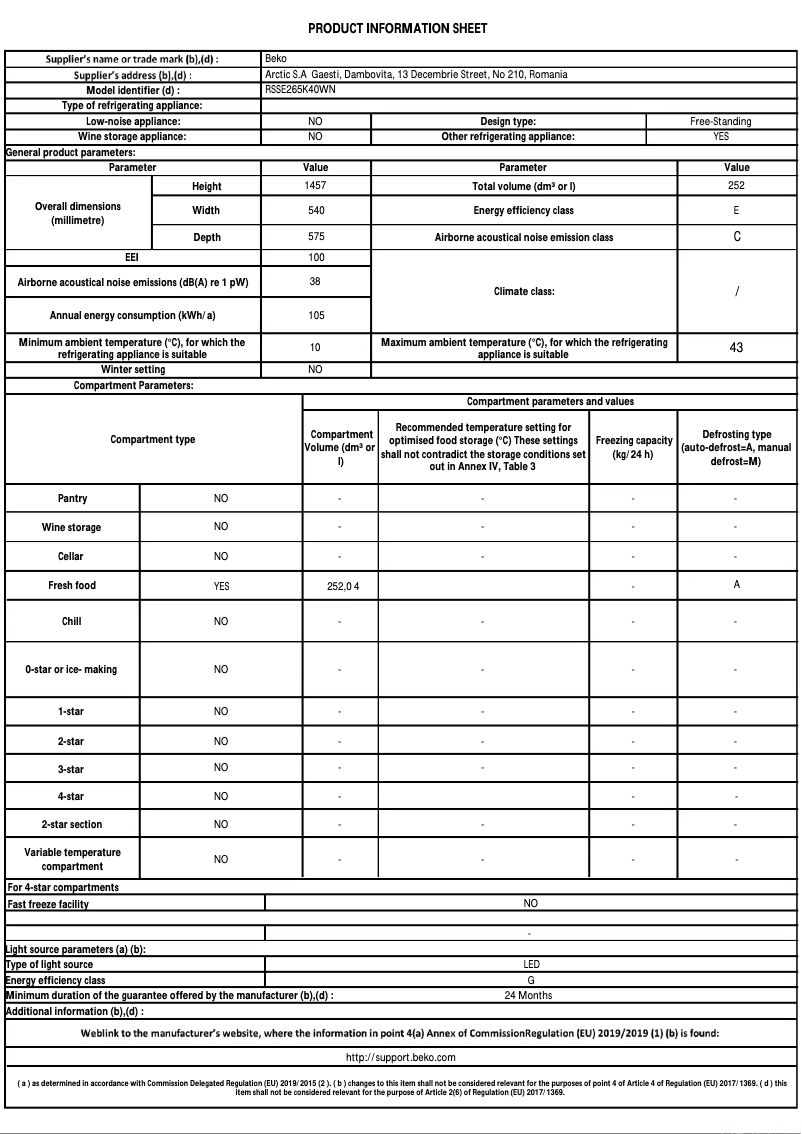 Page n°1 - Fiche technique Beko RSSE265K40WN