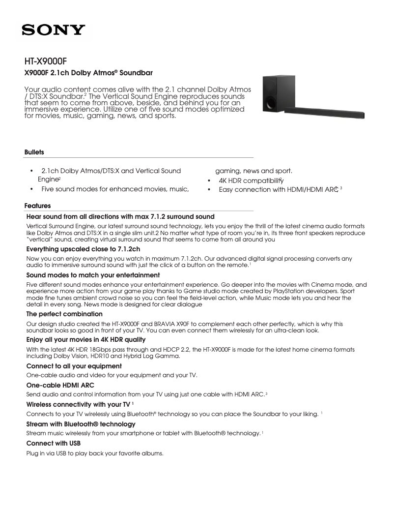 Page 1 de la notice Fiche technique Sony HT-X9000F
