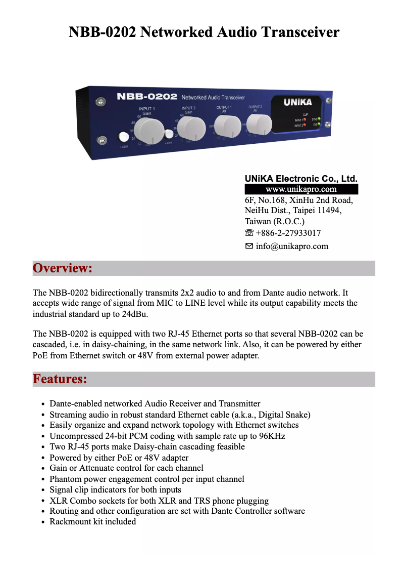 Page n°1 - Manuel utilisateur UNiKA NBB-0202