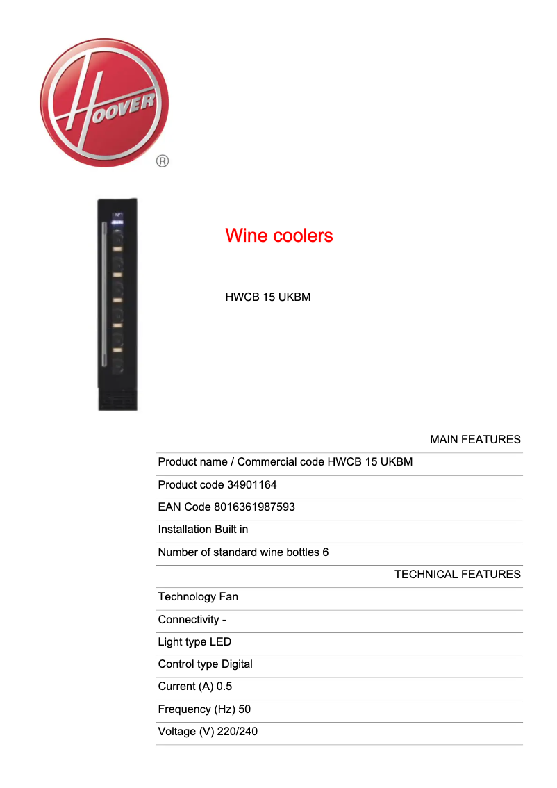 Page 1 of the manual Technical Sheet Hoover HWCB 15 UKBM