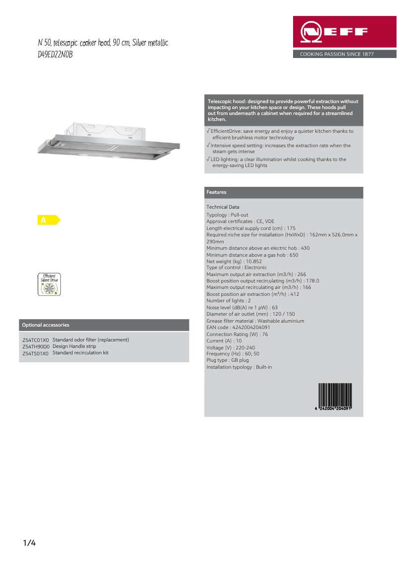 Page 1 de la notice Fiche technique Neff D49ED22N0B