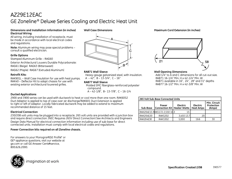 Página 1 del manual Ficha técnica GE AZ29E12EAC