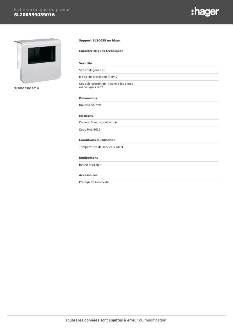 Page n°1 - Fiche technique Hager SL200559039016