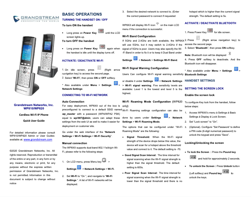 Page n°1 - Guide de démarrage rapide Grandstream WP825