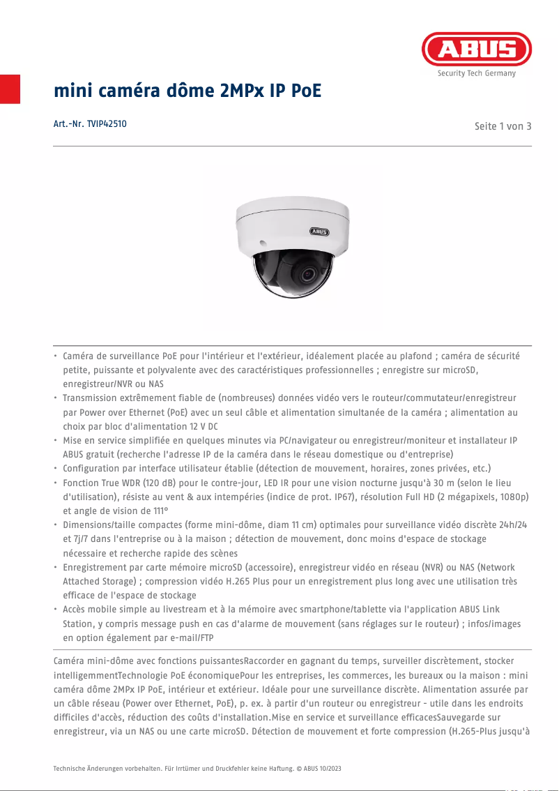 Page n°1 - Fiche technique Abus TVIP42510