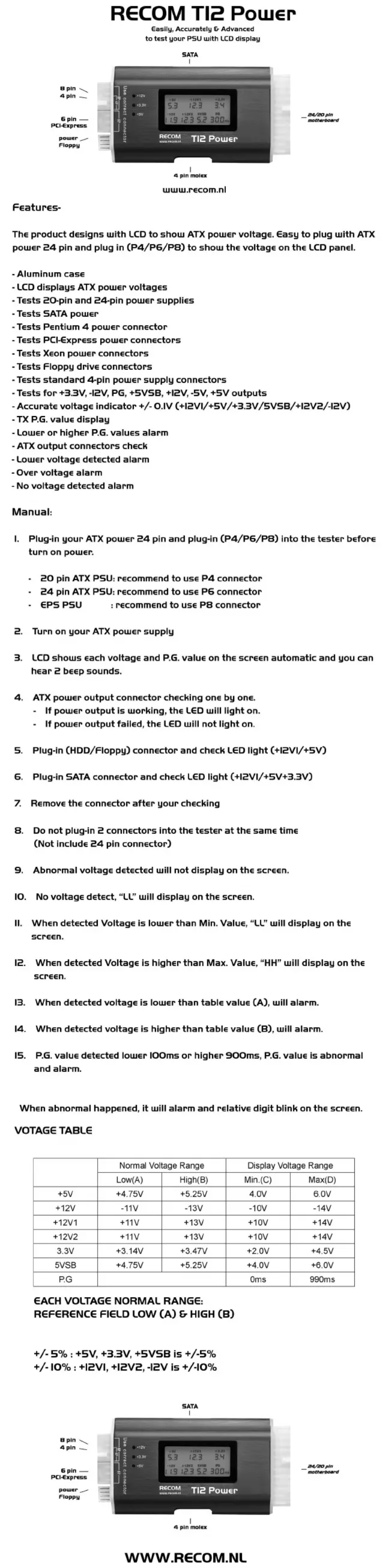 Page n°1 - Manuel utilisateur Recom T12 Power Tester