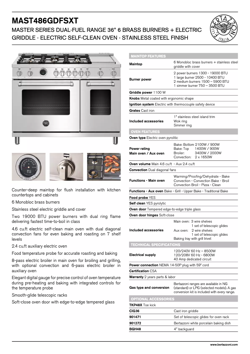 Page 1 de la notice Fiche technique Bertazzoni MAST486GDFSXT