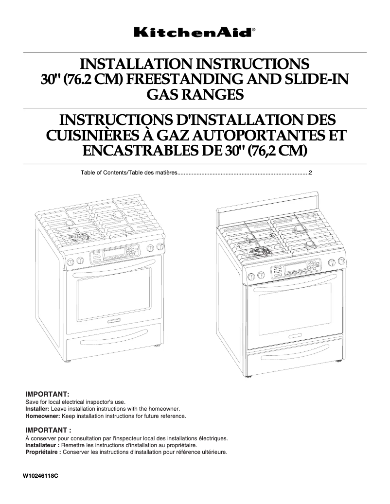 Page n°1 - Guide d'installation KitchenAid Architect KGSS907S