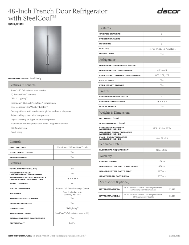 Page 1 de la notice Fiche technique Dacor DRF487500AP