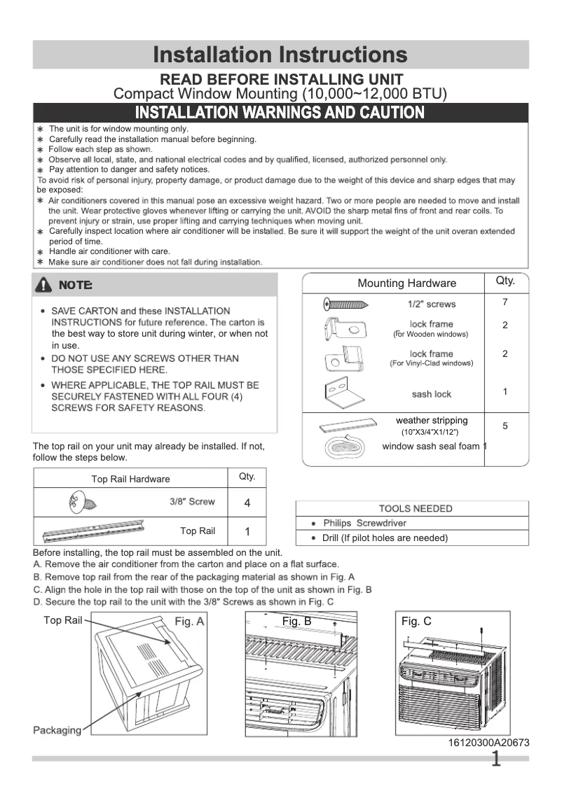 Page 1 de la notice Guide d'installation Frigidaire FHWC124WB1