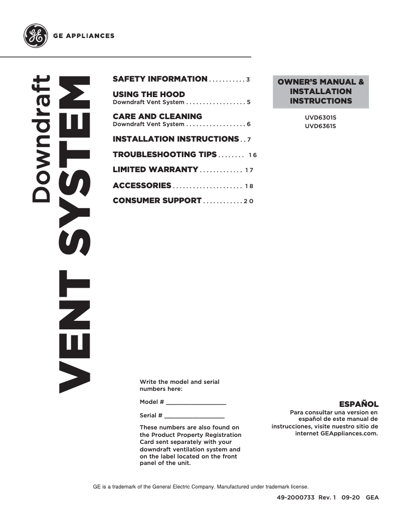 Page 1 de la notice Guide d'installation GE UVD6301SPSS