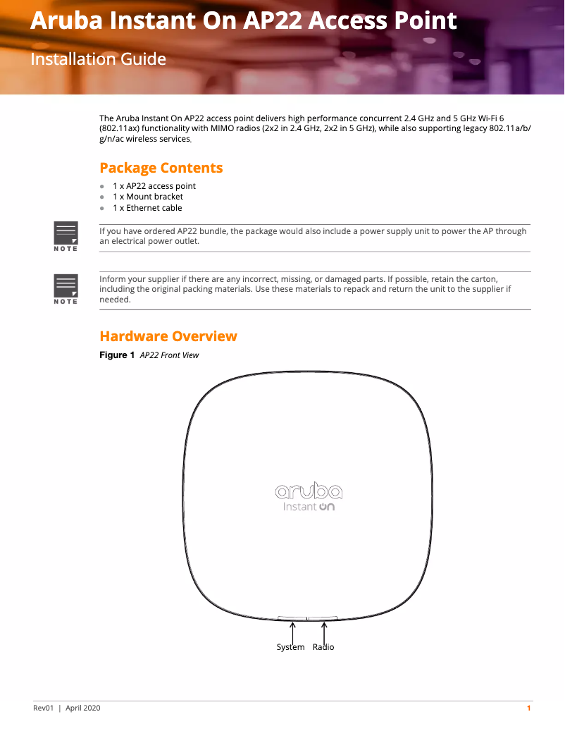 Página 1 del manual Manual de usuario Aruba Instant On AP22
