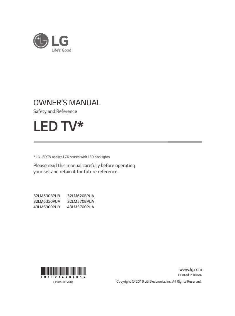 Image de la première page du manuel de l'appareil 43LM5700PUA