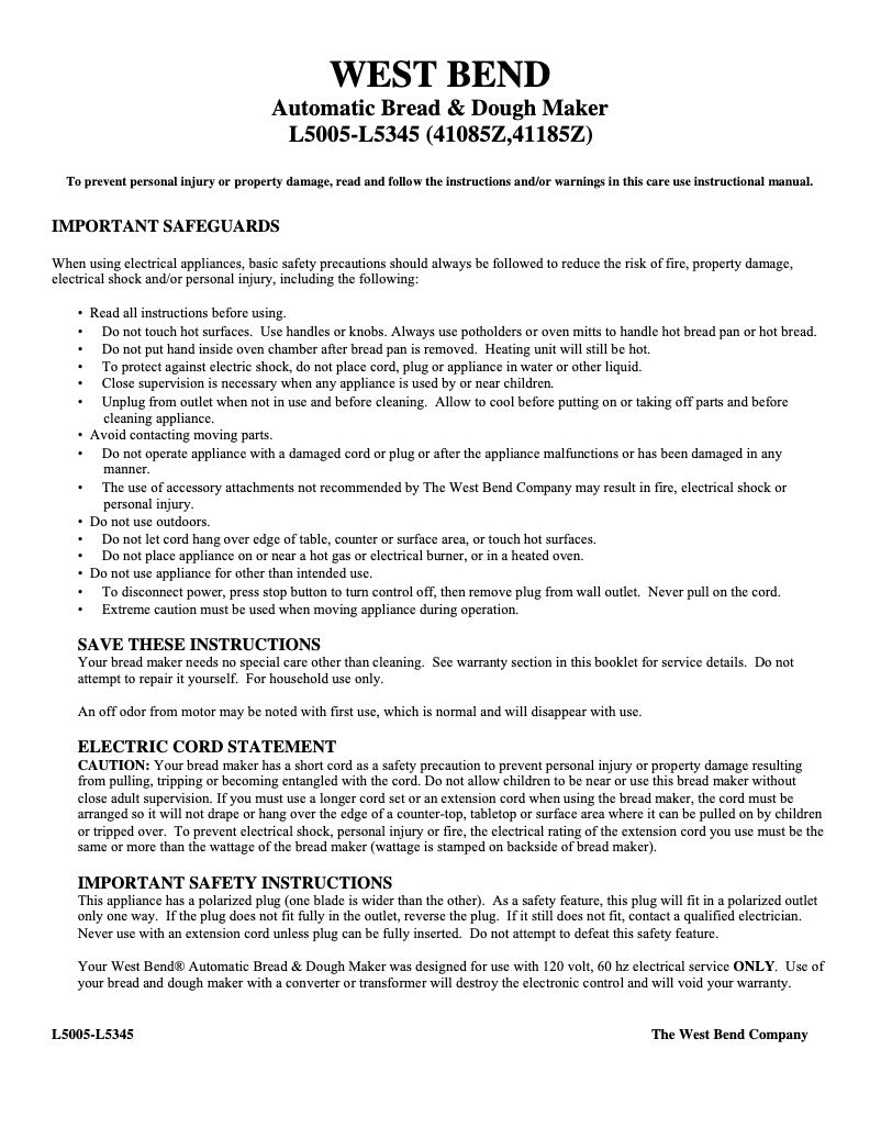 Page n°1 - Manuel utilisateur WestBend 41185Z