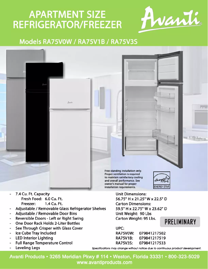Page 1 de la notice Fiche technique Avanti RA75V1B