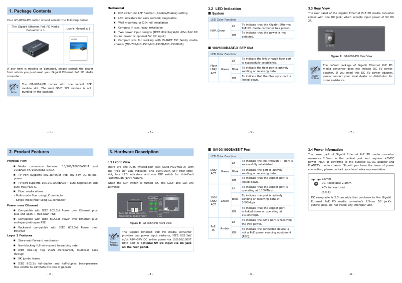 Page 1 de la notice Manuel utilisateur Planet GT-805A-PD